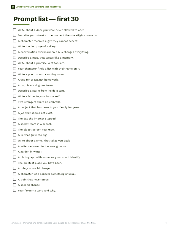 Preview of Printable 365 Writing Prompts List